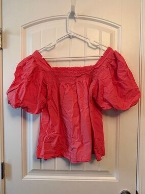 Anthropologie Coral Pink Puff-Sleeve Smocked Off-Shoulder Top